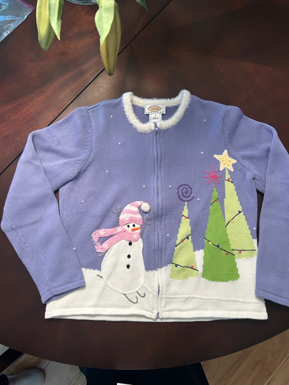 Talbots petite s Lavender Snowman Zip-Up Holiday Sweater with Trees